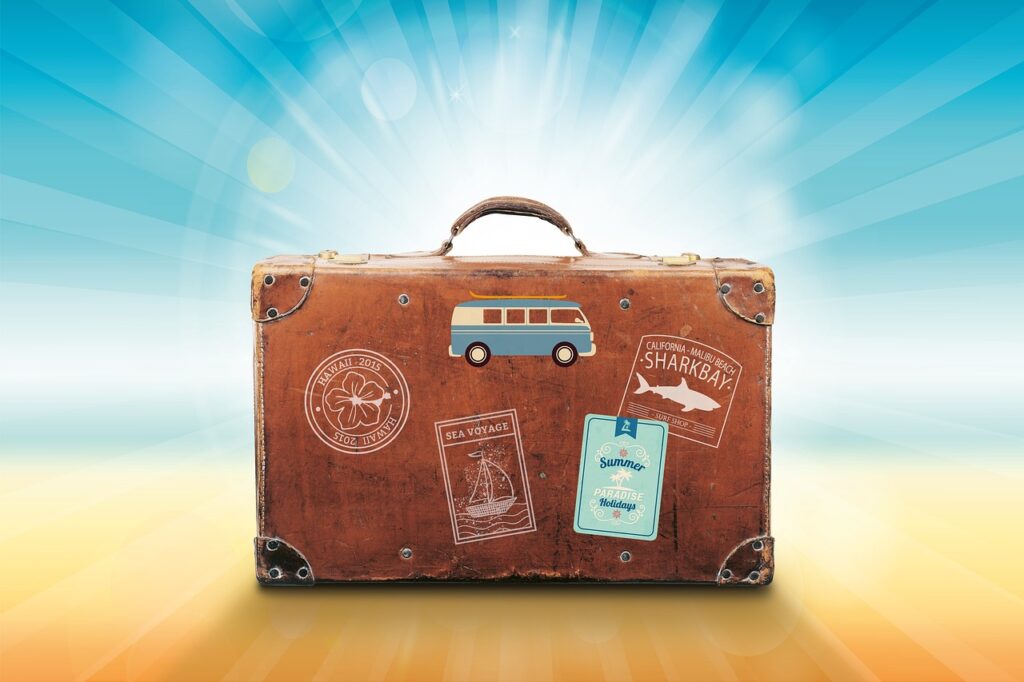 luggage, travel, sunlight, vacations, summer, stickers, volkswagen bus, hawaii, malibu, beach, paradise, nature, holidays, dream, sun rays, suitcase, bag-1149289.jpg