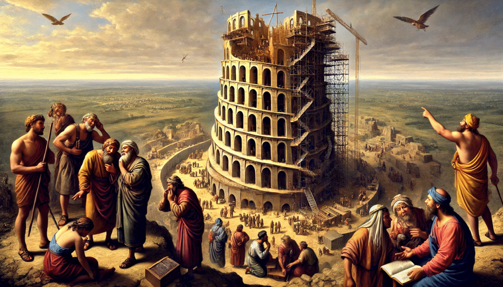 ai generated, tower of babel, scattered tribes, linguistic divide, divine disruption, babel's hubris, construction chaos, tower's end, god intervenes, unified languages, babel's challenge, hubristic effort, cultural dispersal, tower's lesson, biblical judgment, babel's story, myth, parable, bible story, religion, christianity-8881193.jpg